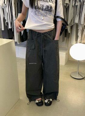 MZI韩系复古美式街头潮酷口袋工装阔腿休闲裤裤脚抽绳女2026夏装