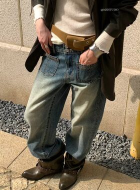 韩系MZI韩版秋季2026松弛高级感高腰宽松牛仔裤女休闲双口袋潮酷