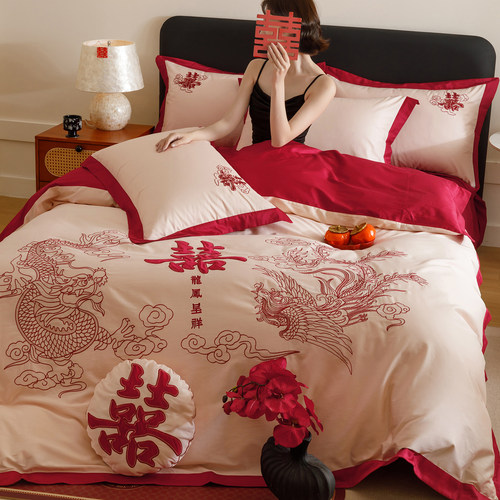 小红书推荐长绒棉刺绣结婚四件套