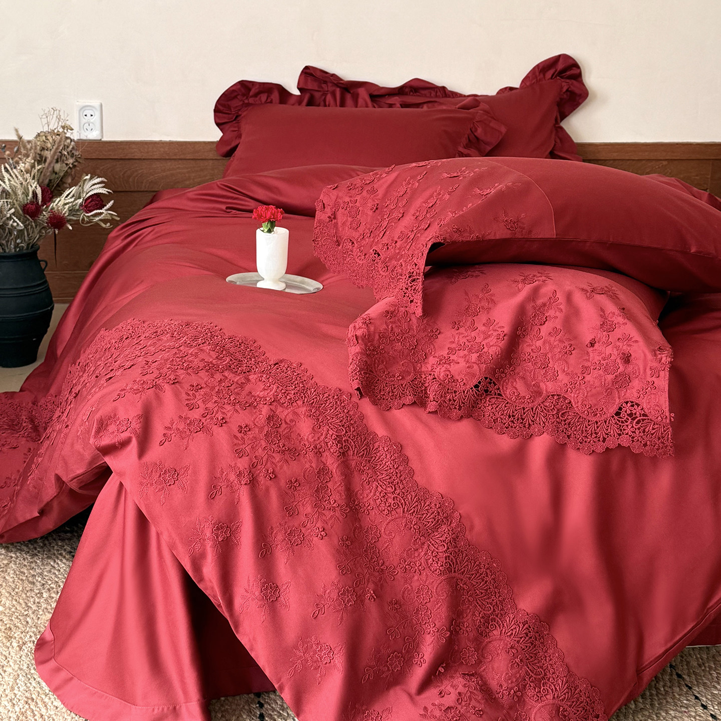 法式轻奢婚庆四件套100S长绒棉浪漫蕾丝被套红色纯棉结婚床上用品
