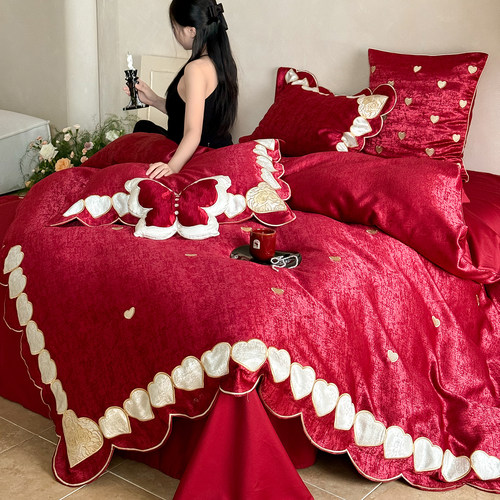 法式柔丝棉提花爱心刺绣四件套