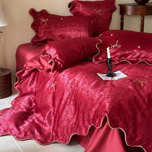 法式 风新婚庆四件套柔丝棉提花被套红色结婚纯棉陪嫁喜被床上用品
