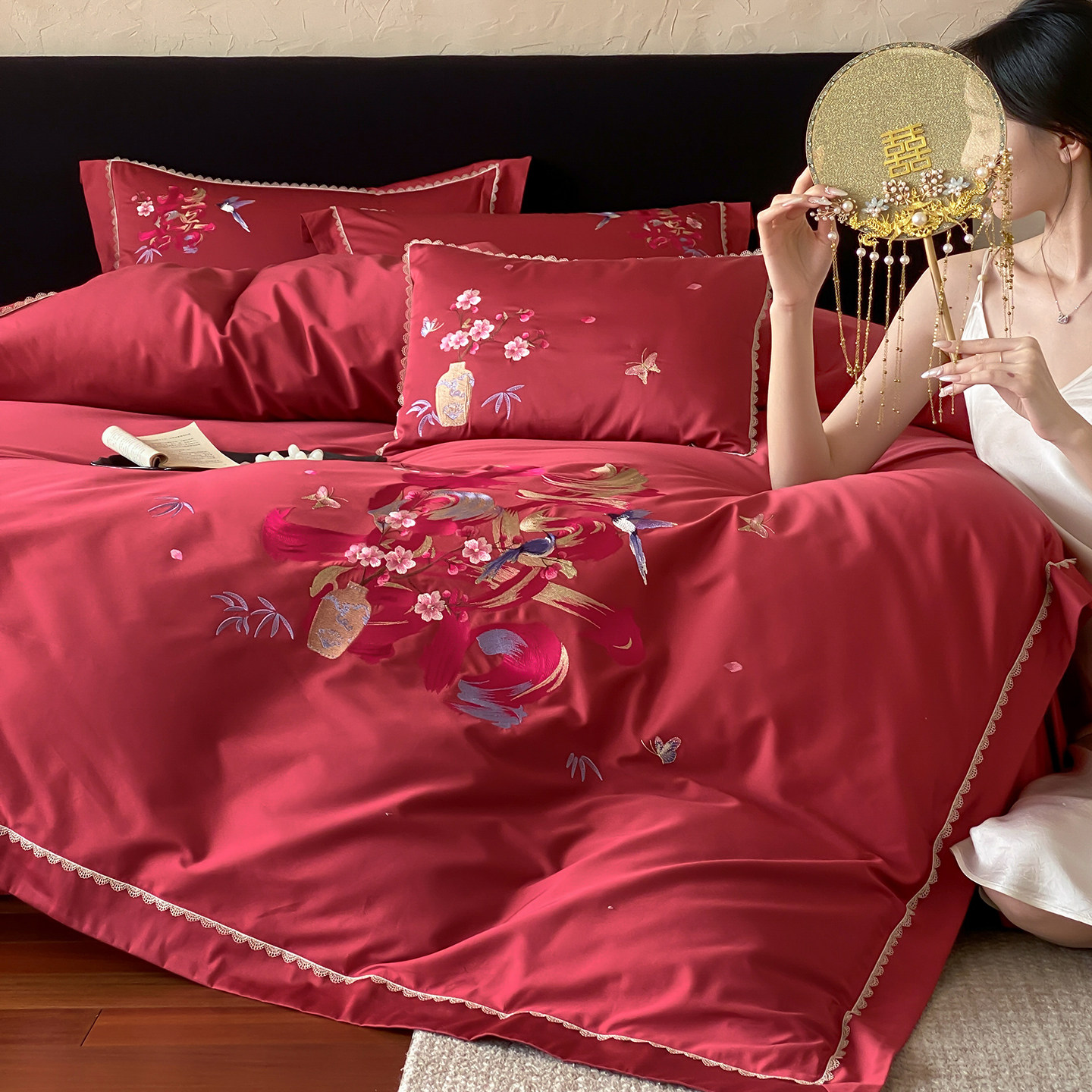 坤花家纺中式纯棉婚庆四件套锦雀喜字刺绣被套红色结婚用床单床品