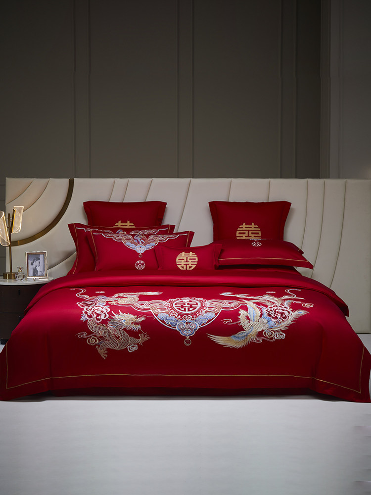 HIGH-END DRAGON AND PHOENIX WEDDING FOUR-PIECE SET 100-COUNT LONG-STAPLE COTTON BIG RED COTTON COTTON WEDDING QUILT BEDDING 4