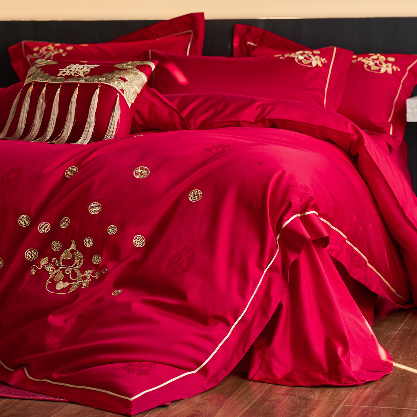 高档陪嫁婚庆四件套婚房100S纯棉全棉大红色喜字被套结婚床上用品,床上用品,婚庆床品套件,淘宝优惠券,粉丝福利购,淘宝优惠卷