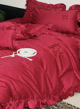 浪漫法式婚庆四件套100S纯棉红色花边被套结婚用喜被送礼床单床品