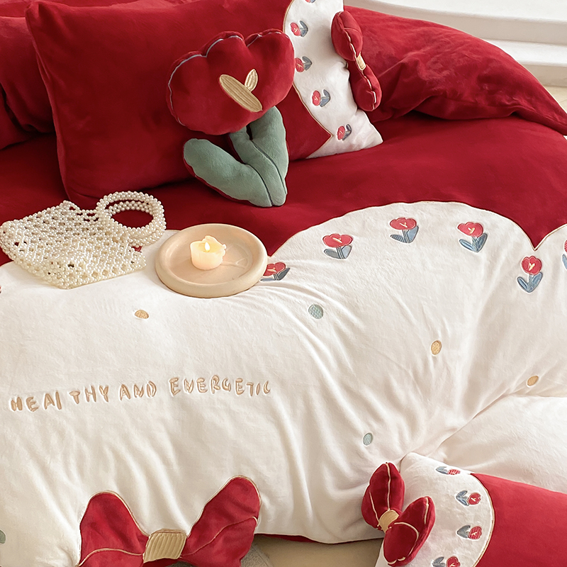 公主风蝴蝶结牛奶绒婚庆四件套酒红色冬季珊瑚绒被套保暖结婚床品