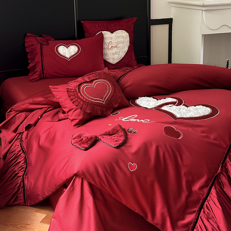 坤花公主风长绒棉刺绣结婚四件套