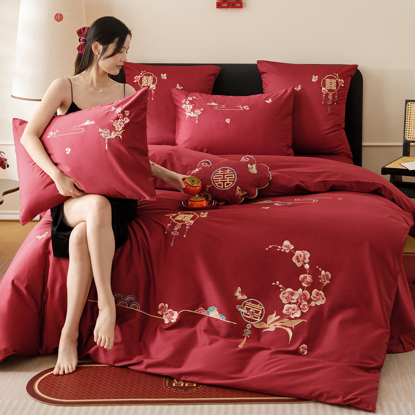 坤花家纺新中式婚庆四件套喜字刺绣被套红色纯棉结婚喜被送礼床品