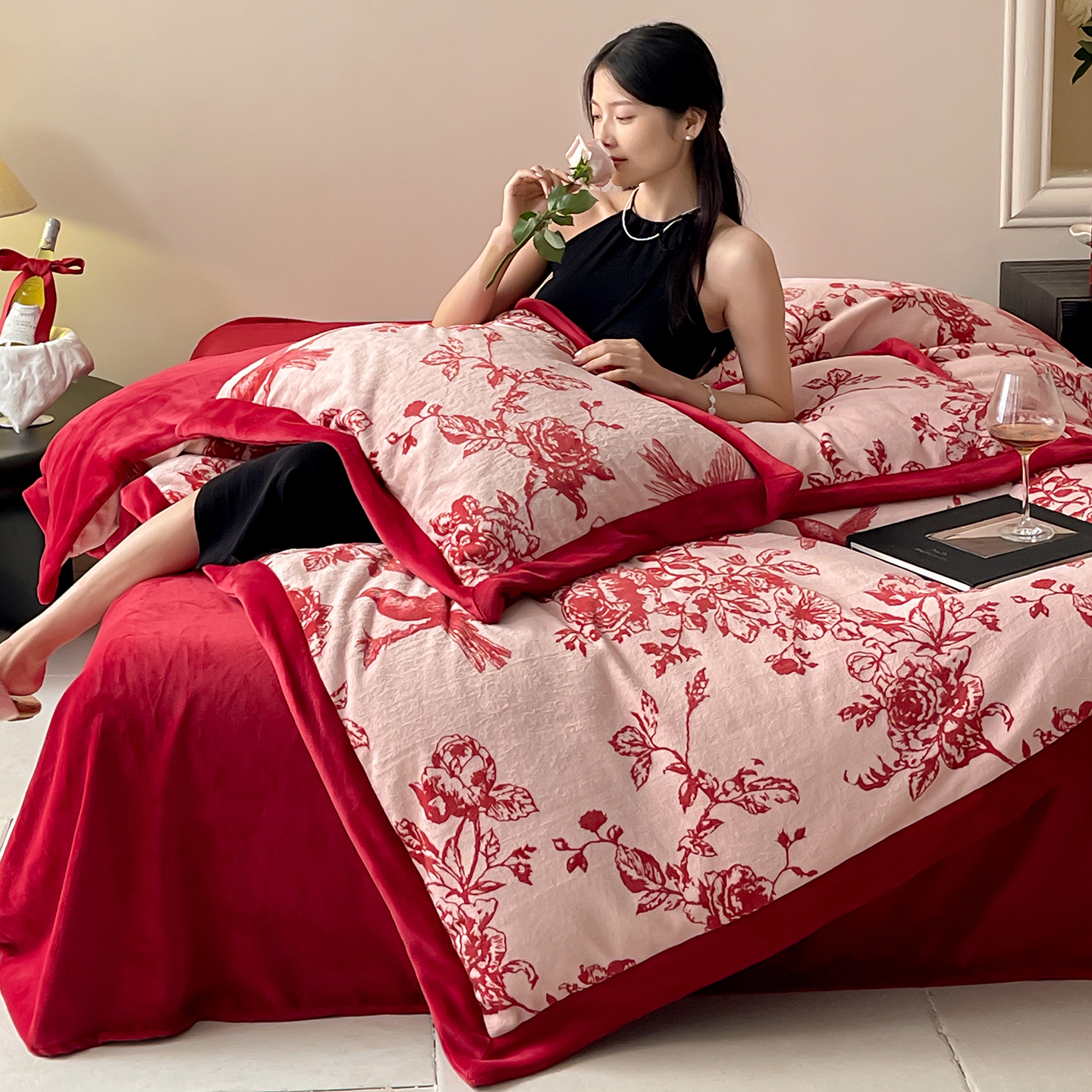坤花花卉牛奶绒婚庆四件套红色秋冬季加厚珊瑚绒被套结婚陪嫁床品