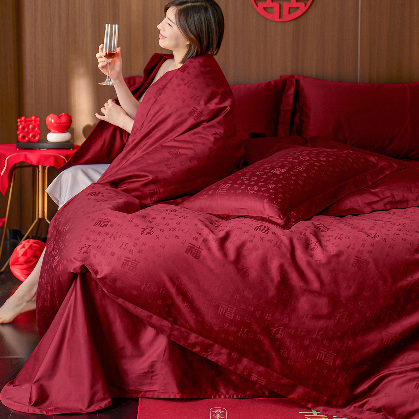 甜蜜囍嫁婚庆四件套100S长绒棉红色百福纯棉提花被套结婚喜被床品,床上用品,婚庆床品套件,淘宝优惠券,粉丝福利购,淘宝优惠卷