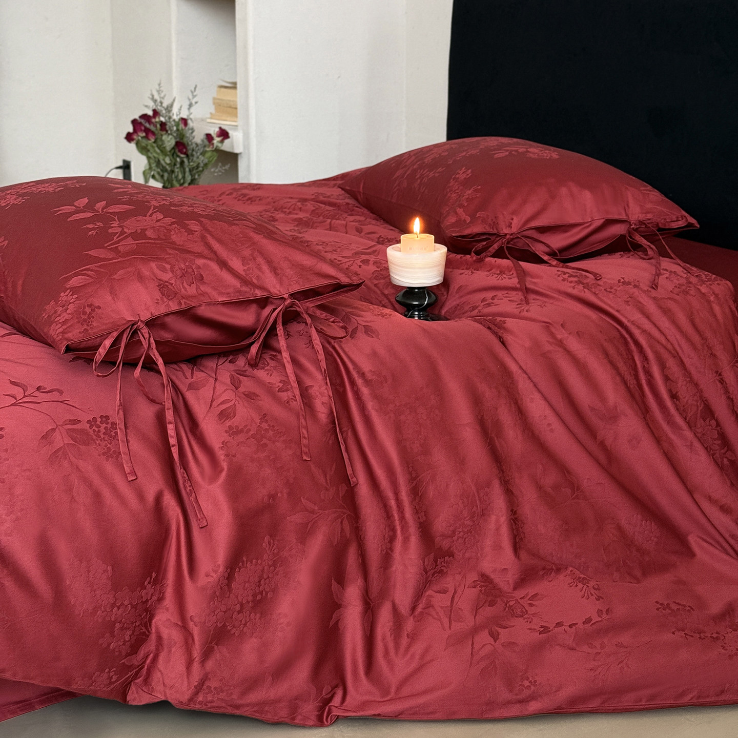 轻奢风婚庆四件套100S纯棉提花被套红色全棉喜庆结婚陪嫁床单床品