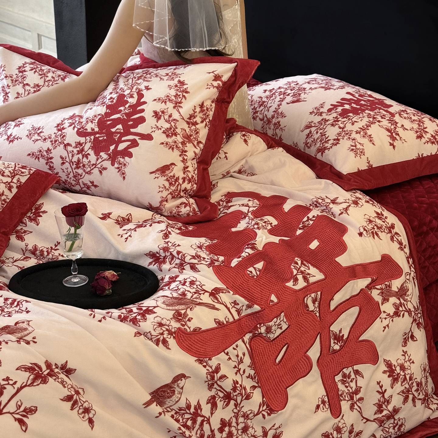 坤花国潮风宝宝绒刺绣婚庆四件套