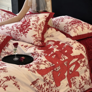 新中式 加厚保暖结婚床品 牛奶绒婚庆四件套红色喜字宝宝绒被套冬季