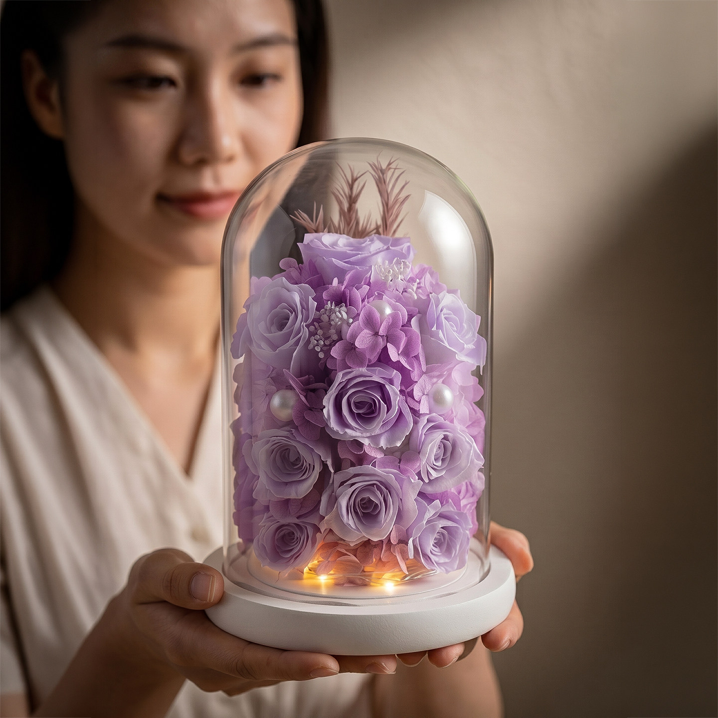 永生花玻璃罩紫玫瑰摆件风水乔迁
