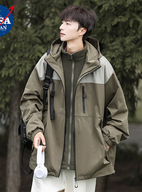 NASA三合一可拆卸冲锋衣外套男新款春秋防水冬季加绒户外夹克