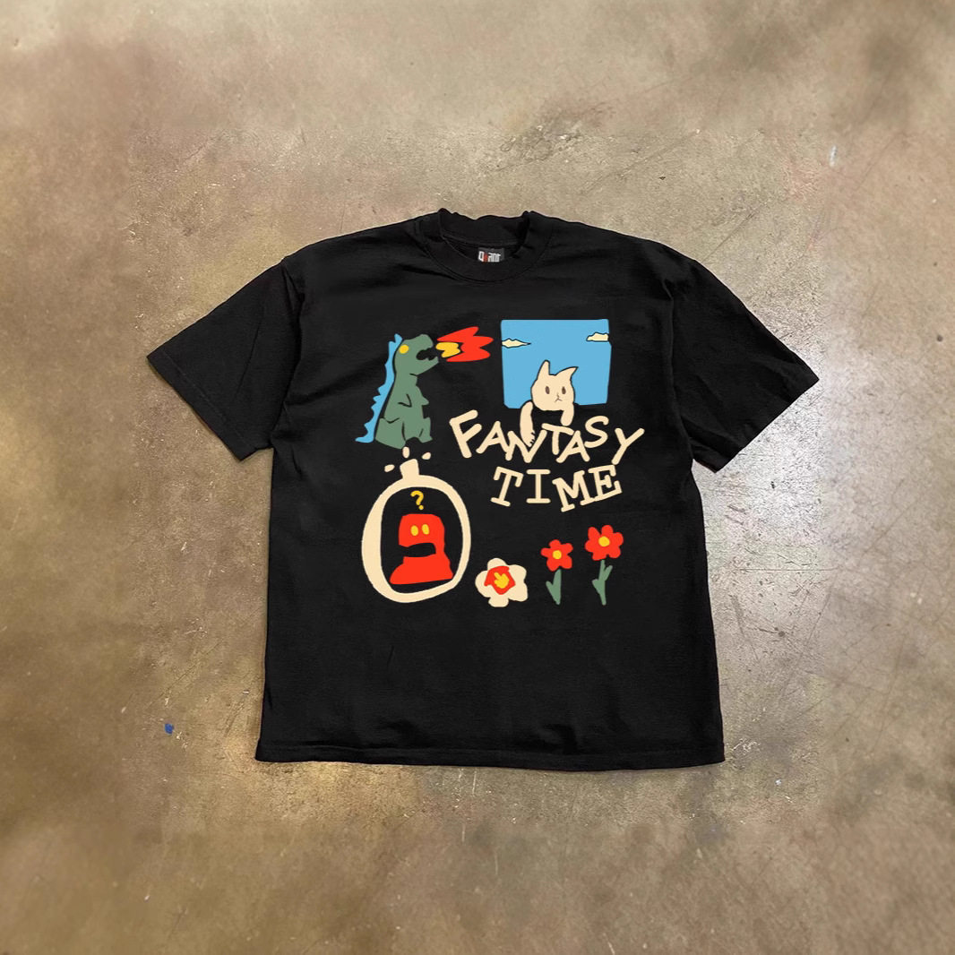 FYNMK重磅纯棉！创意简易恐龙印花原宿风复古潮流宽松短袖T恤