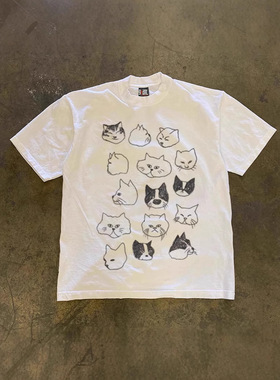2025新款克重磅纯棉美式overs多多猫印花情侣女宽松短袖T恤男复古