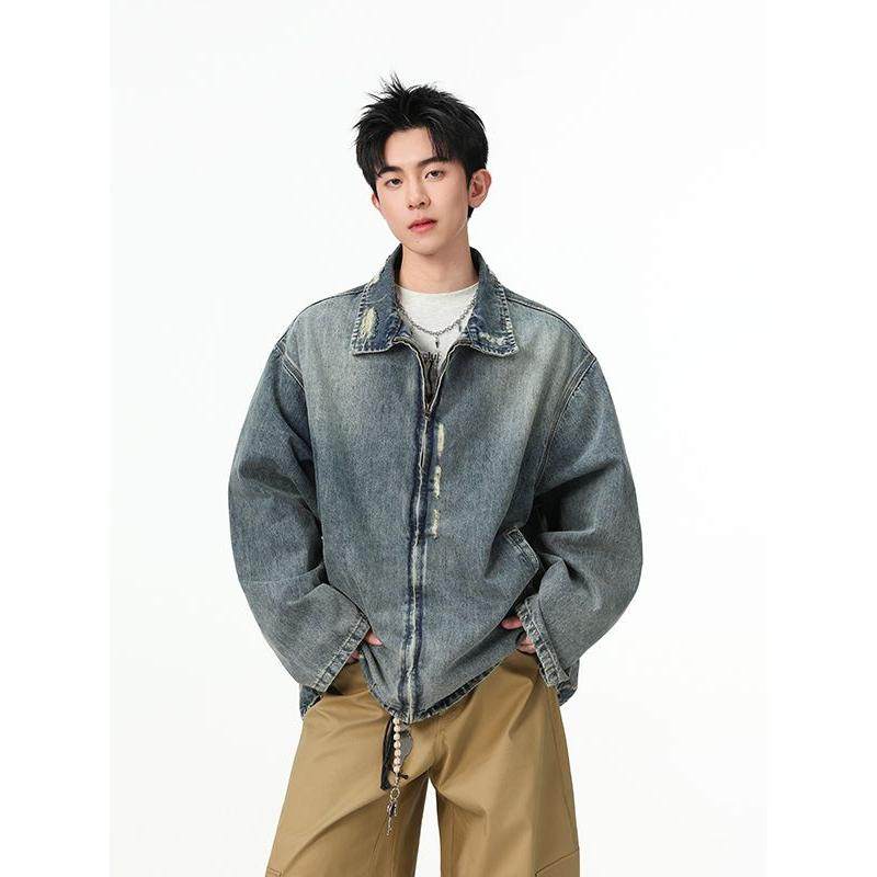 高级感渐变水洗垫肩拉链美式复古夹克外套男新款小众设计感牛仔衣,男装,夹克,淘宝优惠券,粉丝福利购,淘宝优惠卷