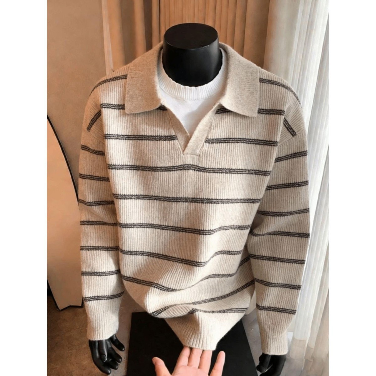 毛衣男秋冬复古撞色条纹polo领针织衫上衣假两件v领潮流休闲毛衫,男装,针织衫/毛衣,淘宝优惠券,粉丝福利购,淘宝优惠卷