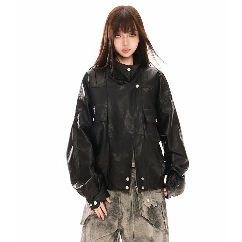 美式复古飞行员皮衣夹克女春秋款美拉德棕色酷飒风翻领pu外套女潮