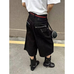 美式街头丹宁原牛黑色牛仔七分裤男女夏季宽松四线刺绣阔腿短裤潮