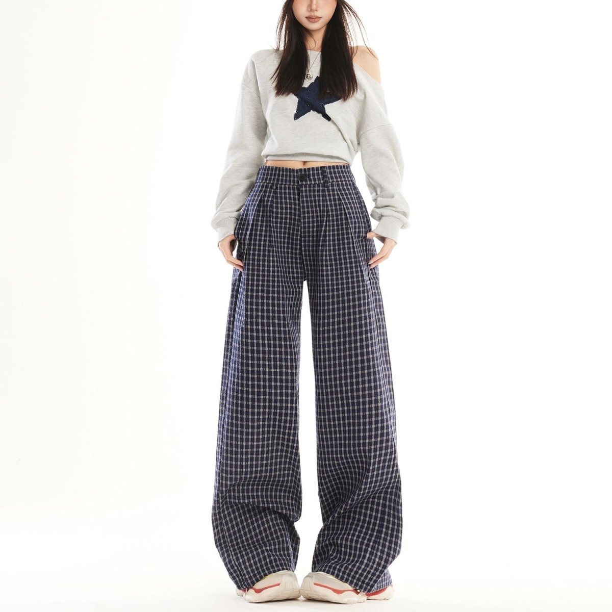 美式复古格子休闲裤女春季新款中性高腰宽松显瘦慵懒风直筒裤子男,女装/女士精品,休闲裤,淘宝优惠券,粉丝福利购,淘宝优惠卷