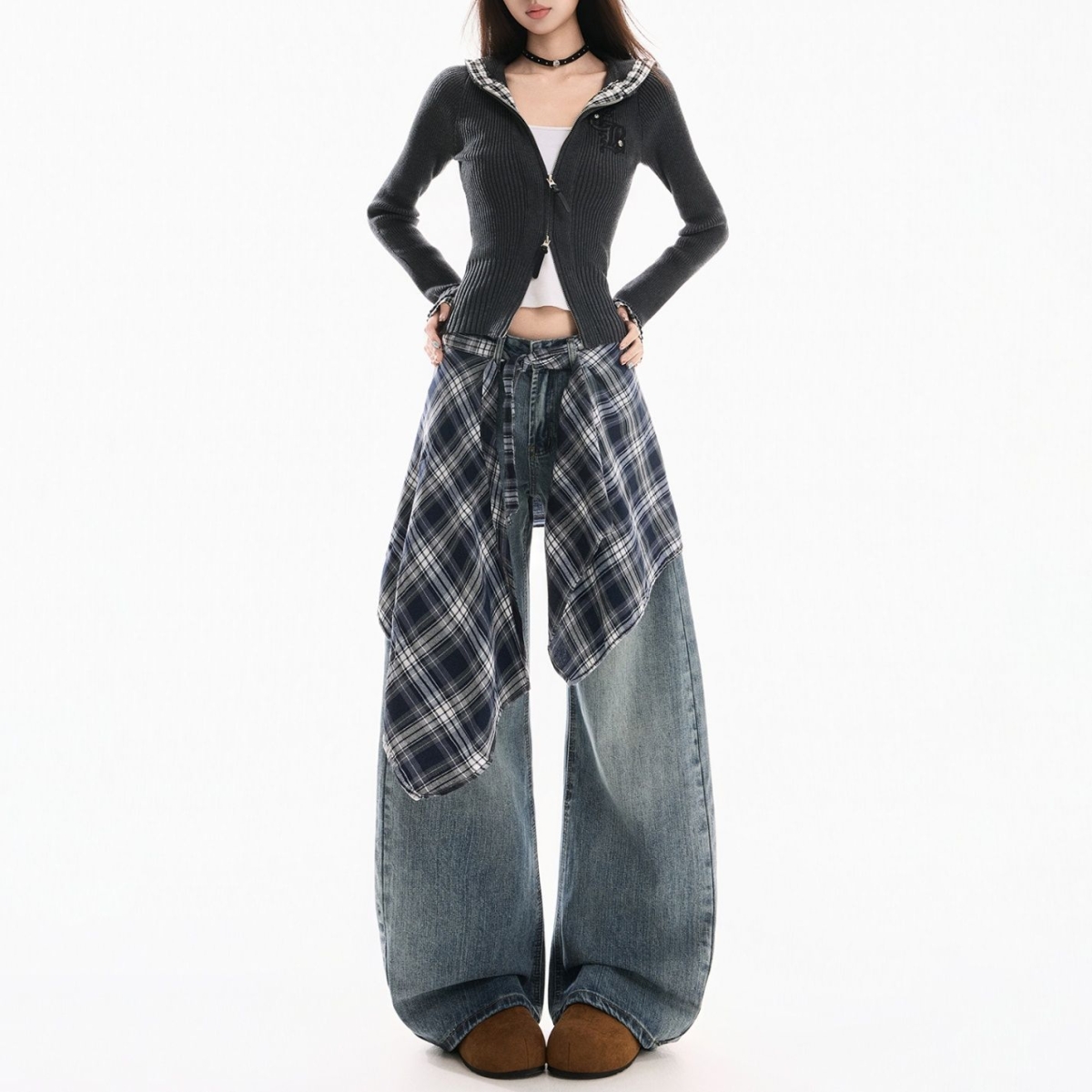 中性美式复古阔腿弯刀裤男女春新款设计感高腰直筒拖地屁帘牛仔裤