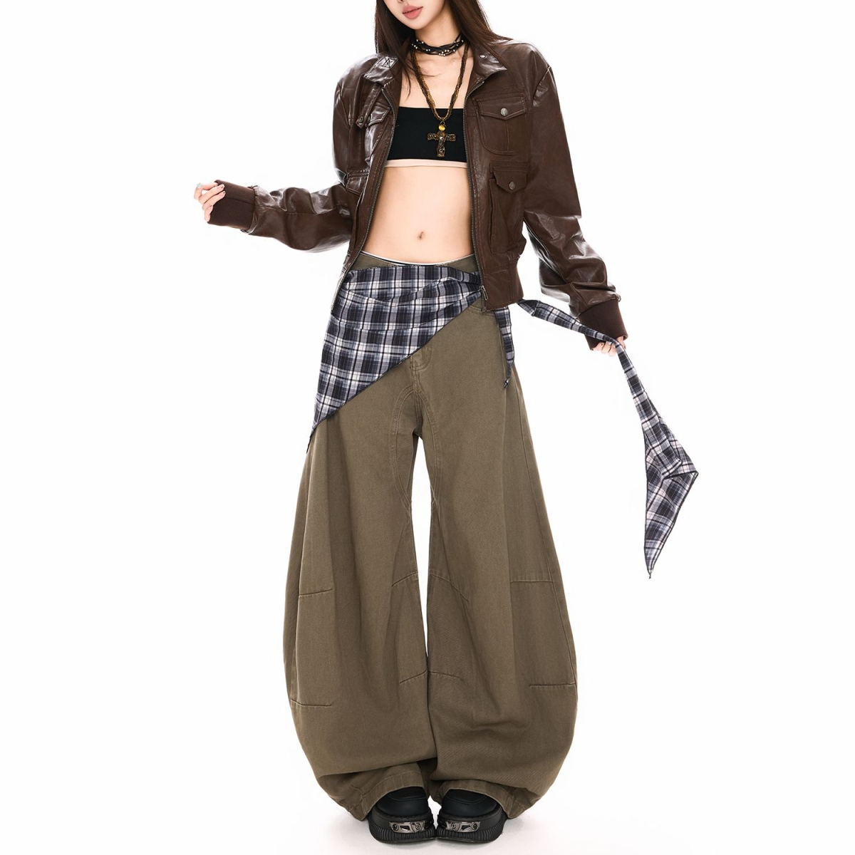 中性美式复古阔腿弯刀裤男女春新款设计感高腰直筒拖地屁帘牛仔裤