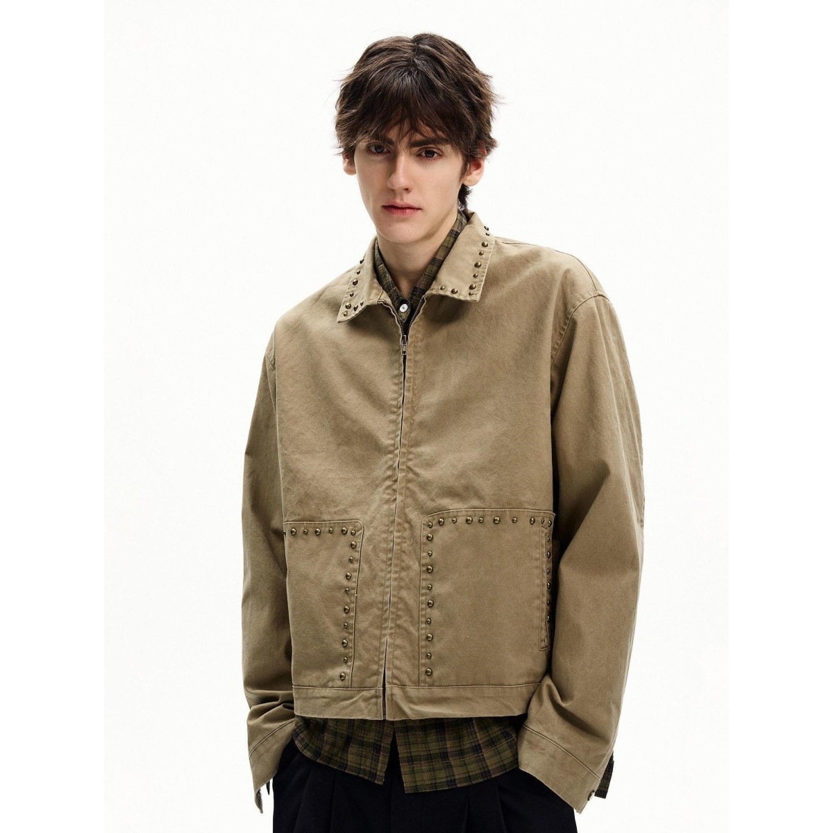 II美式复古水洗铆钉设计感夹克男短宽休闲痞帅翻领工装外套潮,男装,牛仔外套,淘宝优惠券,粉丝福利购,淘宝优惠卷