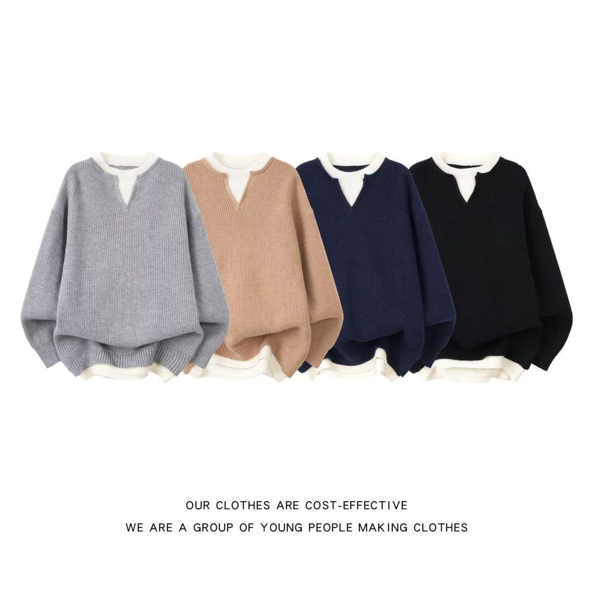 华夫格假两件V领长袖T恤男高级感撞色宽松卫衣慵懒风休闲纯色上衣