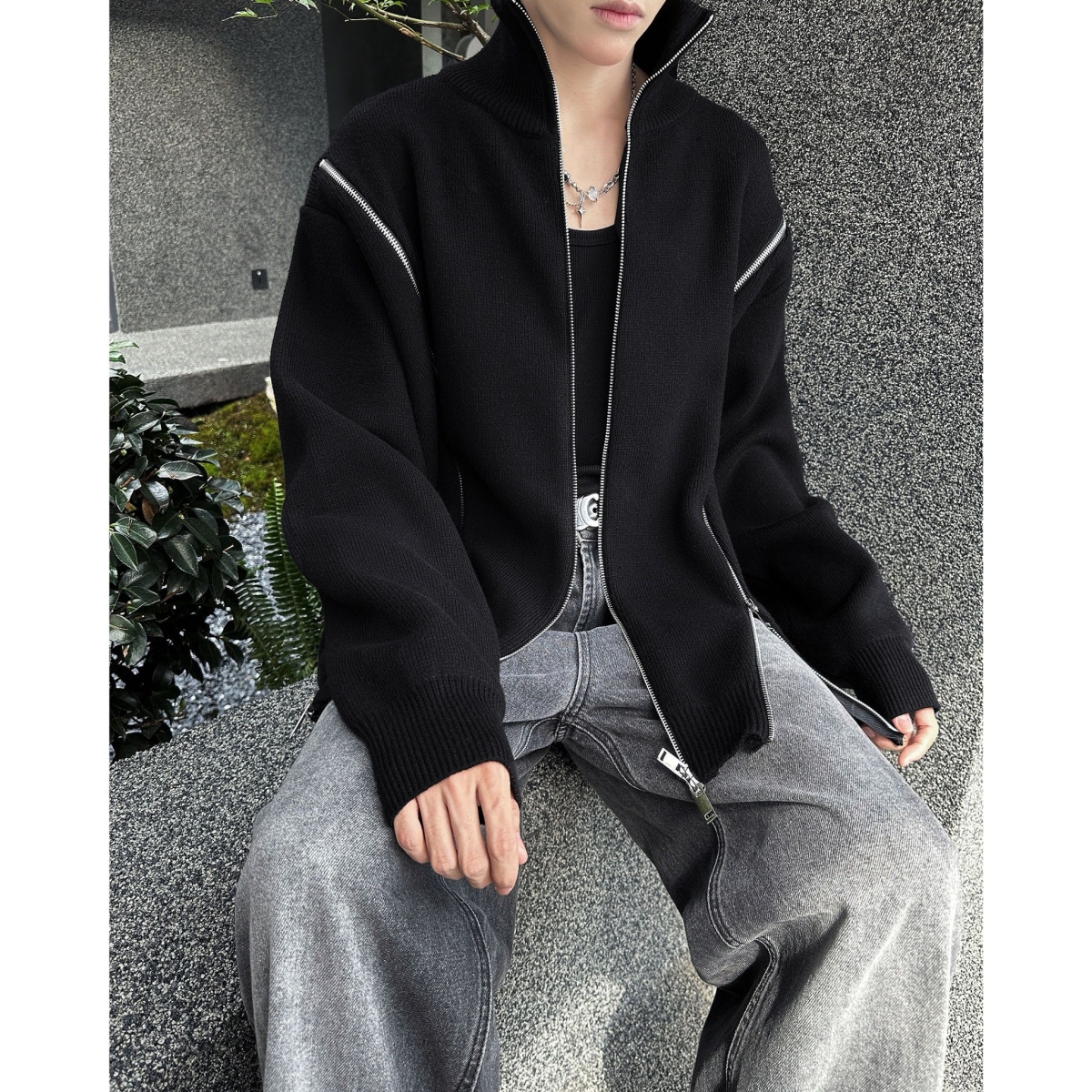 秋冬小众拉链设计毛衣外套男cleanfit纯色宽松休闲重磅立领针织衫