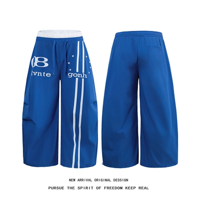 美式复古街头星星双腰头弯刀休闲裤男女宽松抽绳阔腿直筒运动长裤