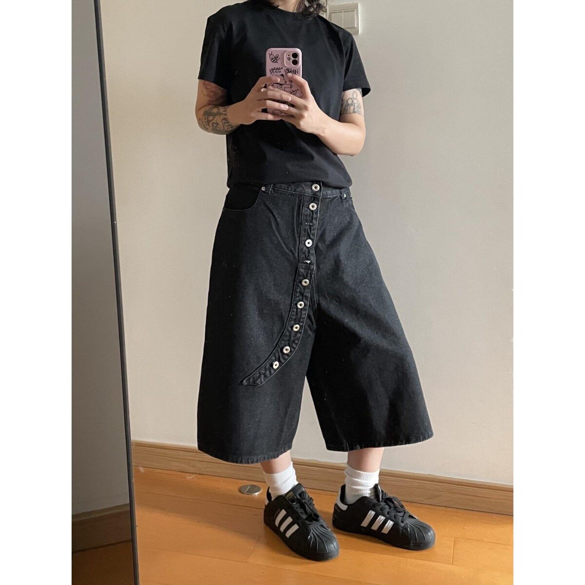 美式复古斜门襟七分牛仔裤男女cleanfit街头小众休闲情侣阔脚短裤