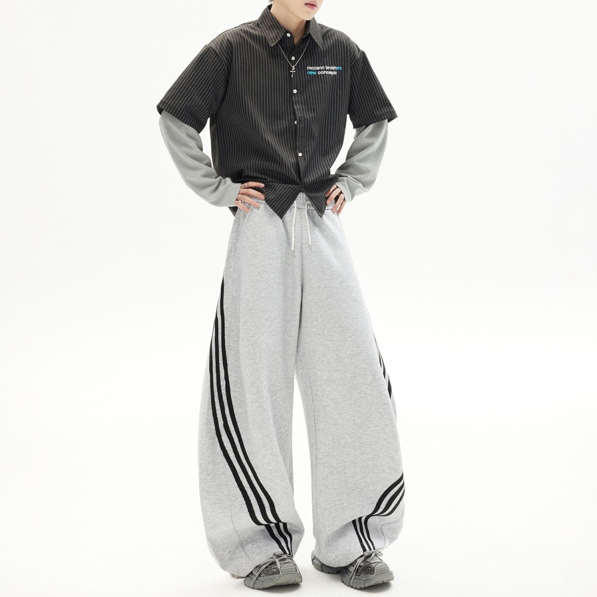 美式重磅撞色条纹卫裤男女秋季宽松垂感情侣休闲裤阔腿拖地长裤子,男装,休闲裤,淘宝优惠券,粉丝福利购,淘宝优惠卷