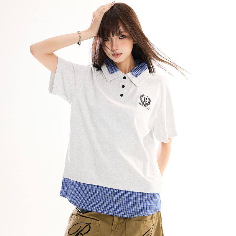 学院风假两件POLO衫短袖T恤百搭格纹拼接翻领情侣休闲宽松潮T上衣,女装/女士精品,POLO衫,淘宝优惠券,粉丝福利购,淘宝优惠卷