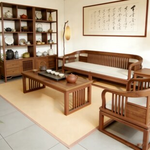 实木沙发宋式 罗汉床家具 美学简约北美黑胡桃木三人直排沙发新中式