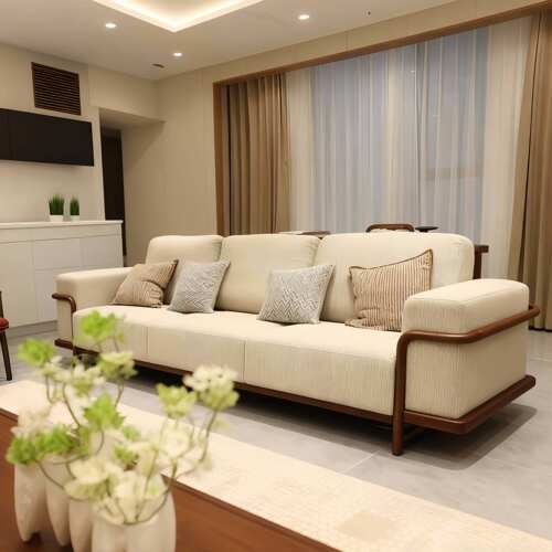 新中式黑胡桃木直排三人实木沙发