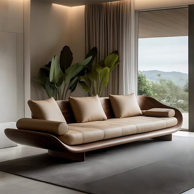 意式极简胡桃木实木三四人位沙发