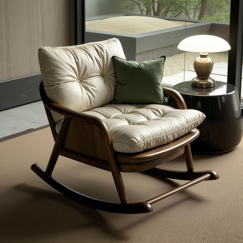 中古侘寂风摇椅实木单人沙发椅客厅休闲椅定制黑胡桃木摇摇椅单椅