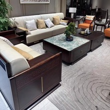 新中式沙发全实木乌金木黑檀木真皮高档别墅套房客厅全屋定制家具