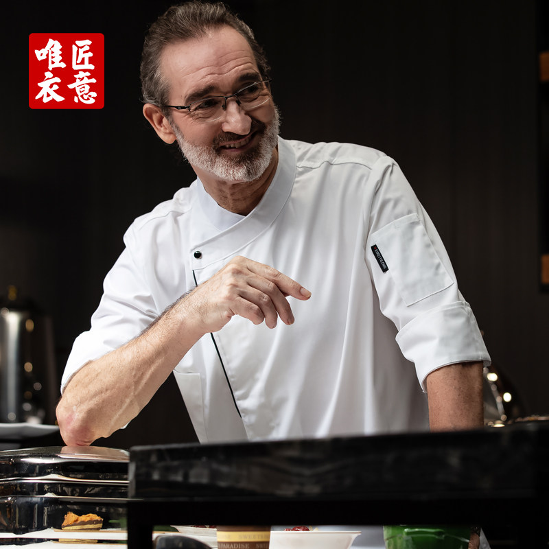 厨师工作服男长袖大码白色加厚酒店饭店餐厅后厨房七分袖厨师服装