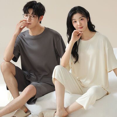 短袖情侣睡衣女夏冰丝家居服套装