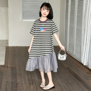 女童条纹T恤裙夏季学院风韩版女孩洋气短袖裙大童时髦中长款裙子