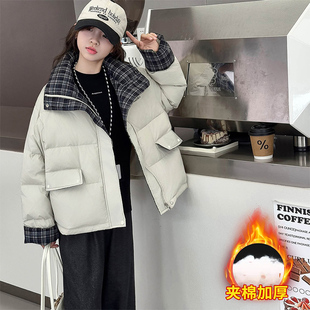 女童棉服2025新款冬装加厚中大童棉袄时尚休闲风短款格子撞色外套