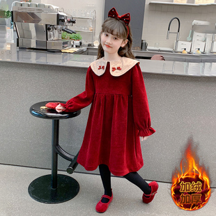 女童红色连衣裙冬季加绒新年裙子2025新款女孩公主裙儿童拜年衣服