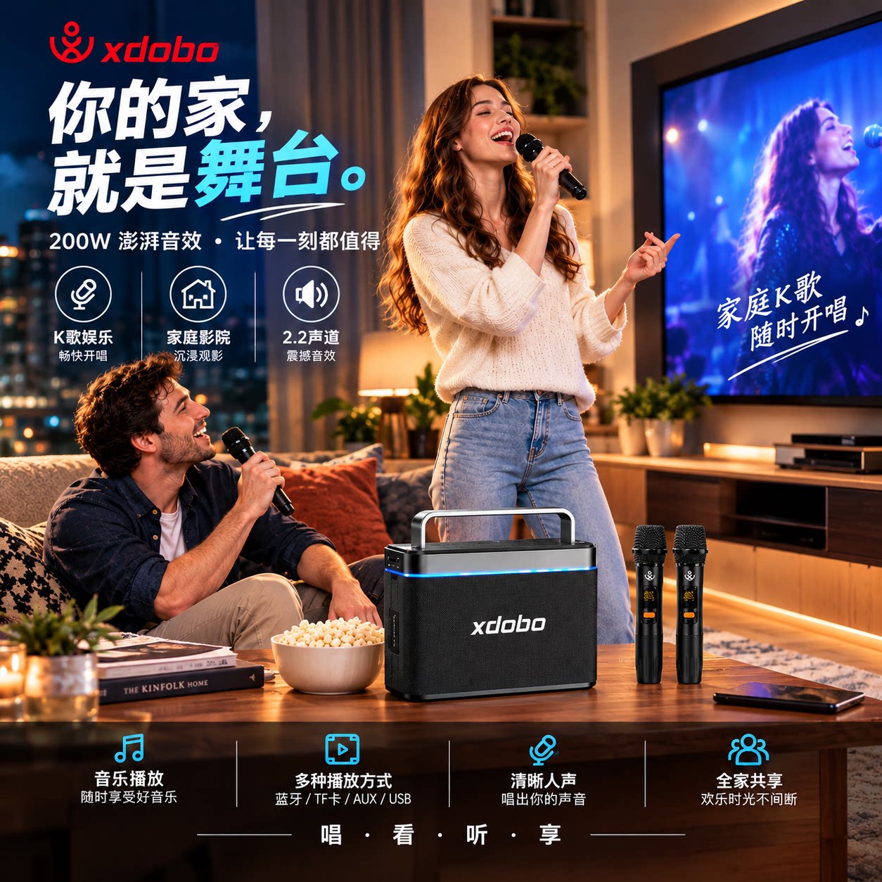 xdobo喜多宝Truth重低音蓝牙音箱KTV家庭K歌大功率200W蓝牙音响