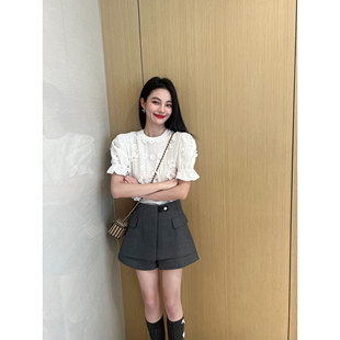 NancyCavally专柜款定制肌理感亚麻  手工坊繁花钉珠短袖衬衫