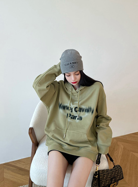 NancyCavally Ba1en*同款面料动态潮牌模糊字母印花廓形连帽卫衣