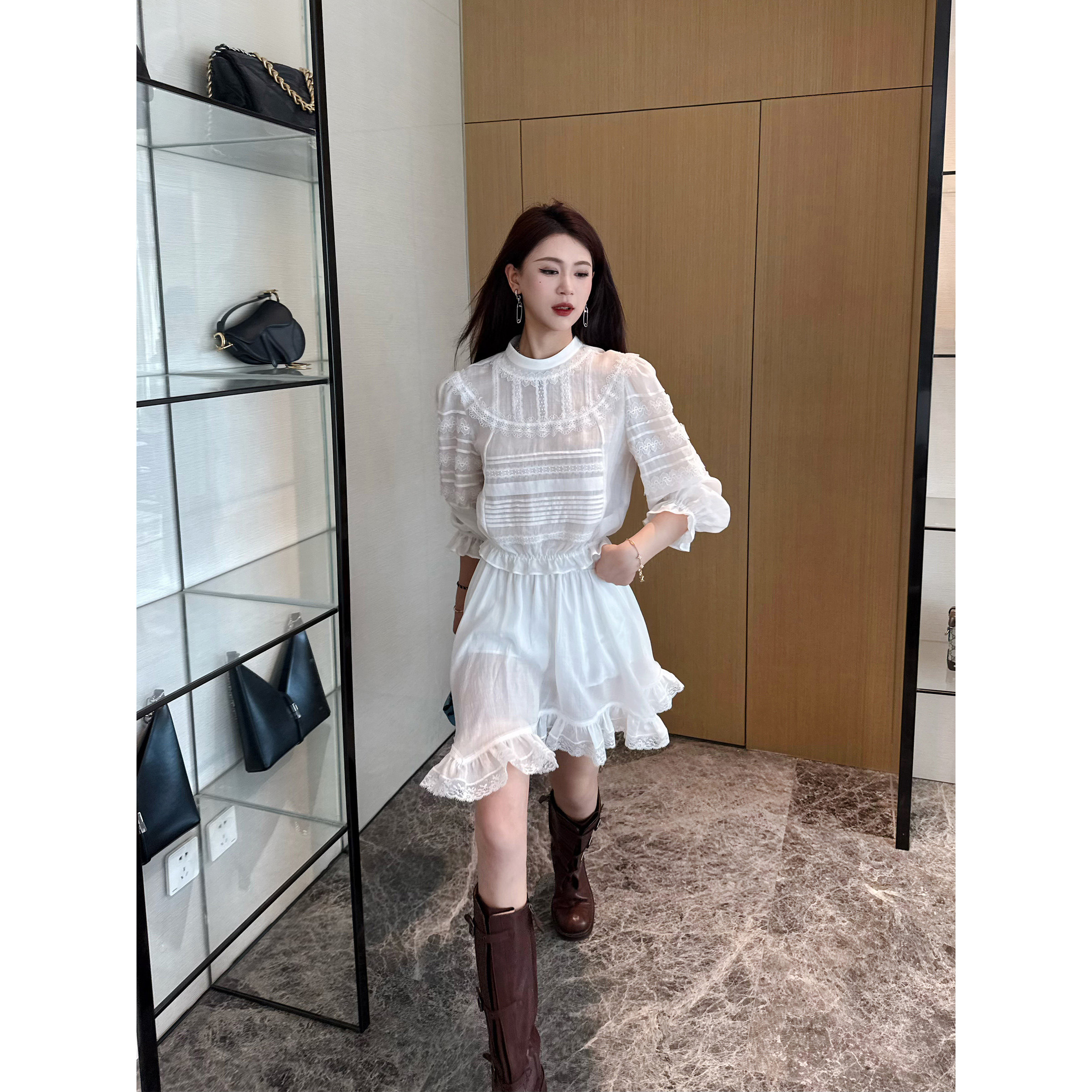 NancyCavally专柜款黄金比例天丝苎麻 浪漫蕾丝花边小衫/半裙套装